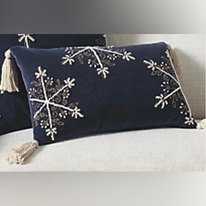 Navy Blue Velvet Embroidered 13 x 20” Pillow Cover with Tassels by Frontgate